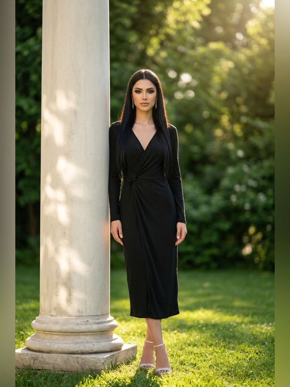 DINYIN Black Ribbed Knit Twist Front Faux Wrap Midi Dress Womens XL V-Neck NWT